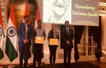 Felicitated winners of Gandhi Quiz at ‘Remembering Mahatma Gandhi in Switzerland’ in Bern on February 28th 2019