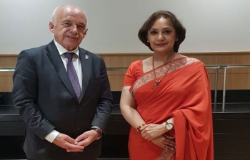 Amb (designate) Ms. Monika Kapil Mohta with Federal Councillor H.E. Mr. Ueli Maurer and H.E. Mr. Nik Gugger, MP & President, Swiss-Indian Parliamentary Group on the sidelines of the 35th Annual General Meeting of Swiss - Indian Chamber of Commerce on September 8 in Berne.